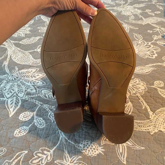 FRANCO SARTO CAMEL LEATHER ANKLE BOOTS WITH STRAPS WOMENS SIZE 10 STACKED HEEL - Picture 13 of 15